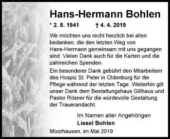 Traueranzeige von Hans-Hermann Bohlen von Nordwest-Zeitung