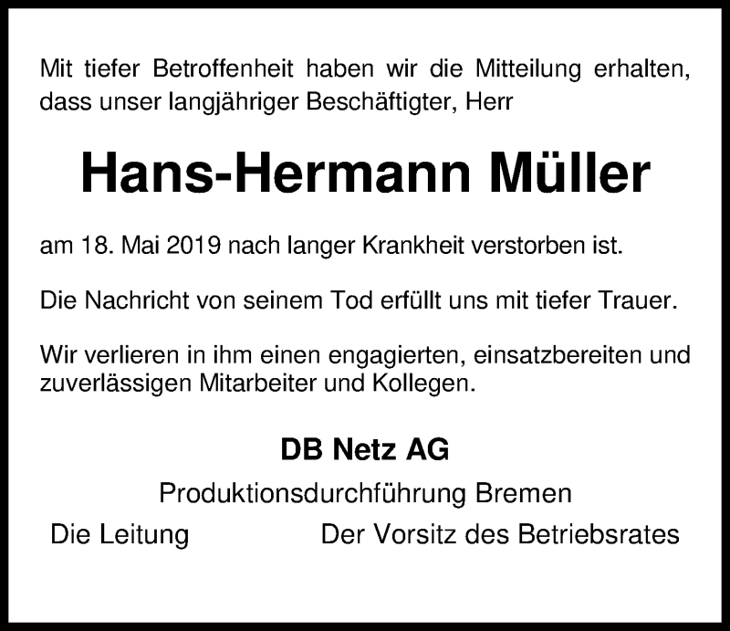  Traueranzeige für Hans-Hermann Müller vom 23.05.2019 aus Nordwest-Zeitung