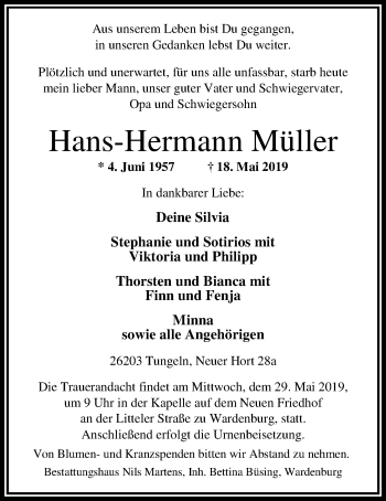 Traueranzeige von Hans-Hermann Müller von Nordwest-Zeitung