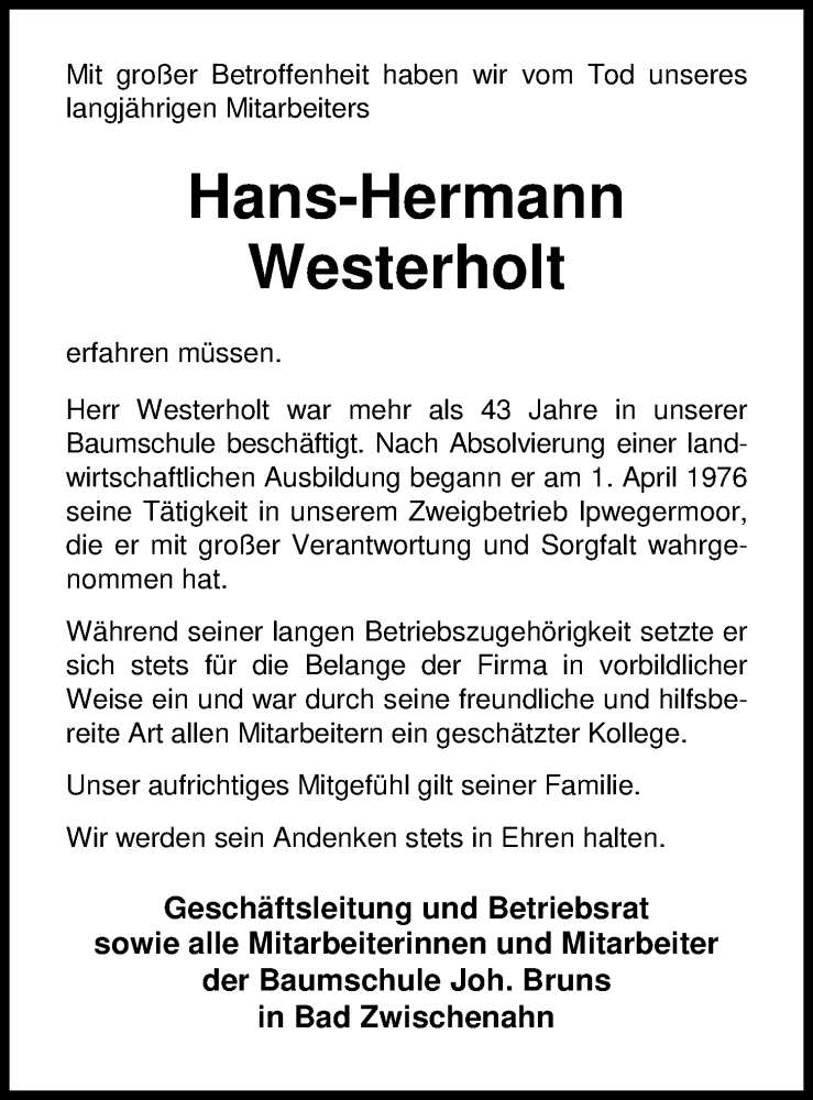  Traueranzeige für Hans-Hermann Westerholt vom 09.05.2019 aus Nordwest-Zeitung