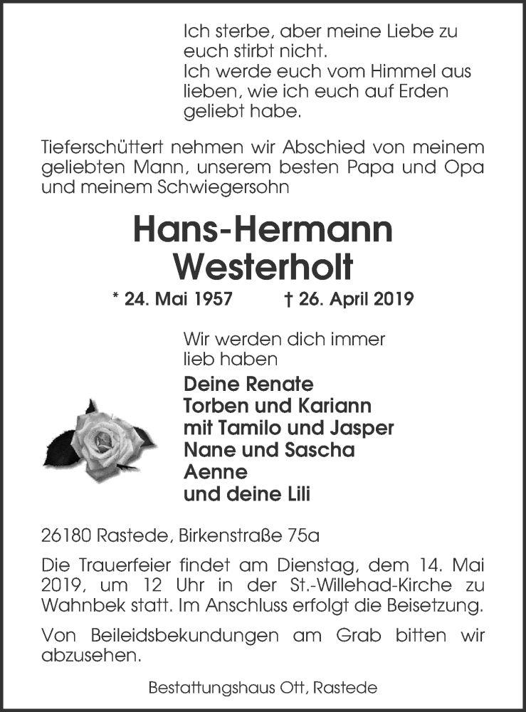  Traueranzeige für Hans-Hermann Westerholt vom 08.05.2019 aus Nordwest-Zeitung