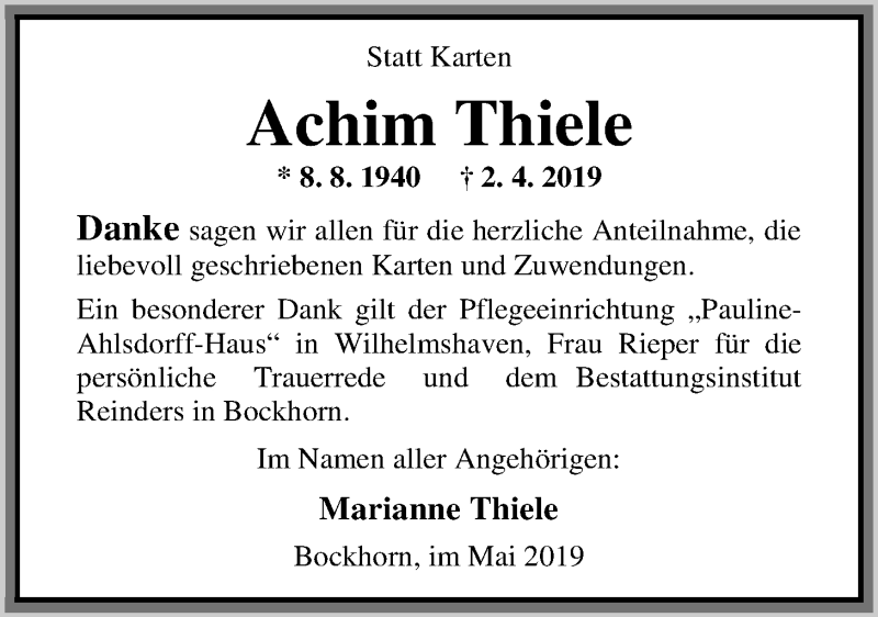  Traueranzeige für Hans-Joachim Thiele vom 10.05.2019 aus Nordwest-Zeitung