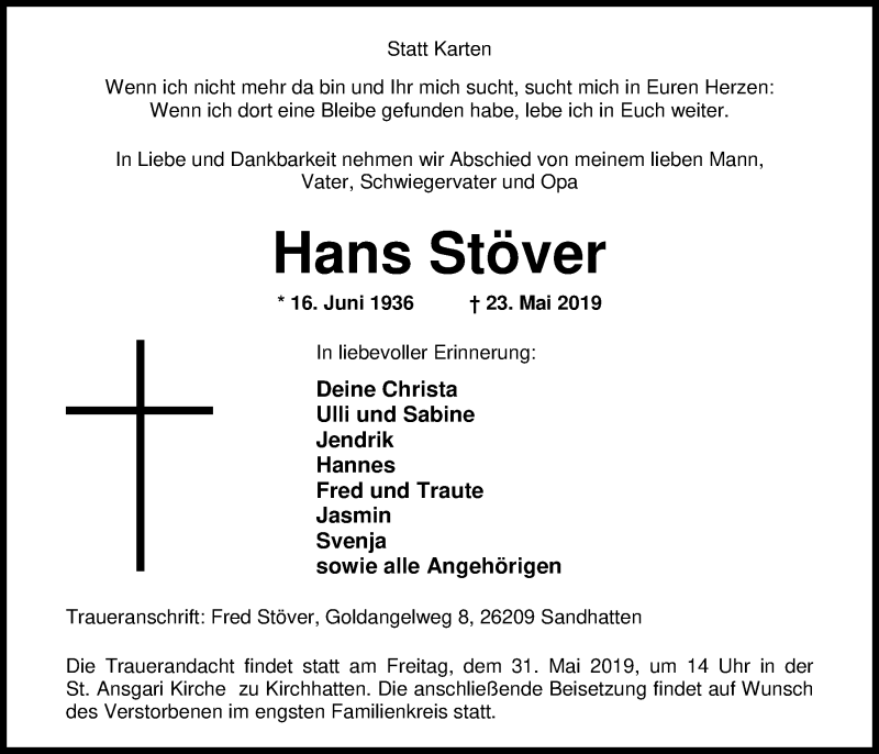  Traueranzeige für Hans Stöver vom 27.05.2019 aus Nordwest-Zeitung