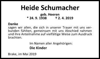 Traueranzeige von Heide Schumacher von Nordwest-Zeitung