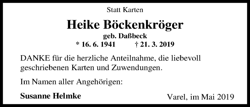  Traueranzeige für Heike Böckenkröger vom 04.05.2019 aus Nordwest-Zeitung