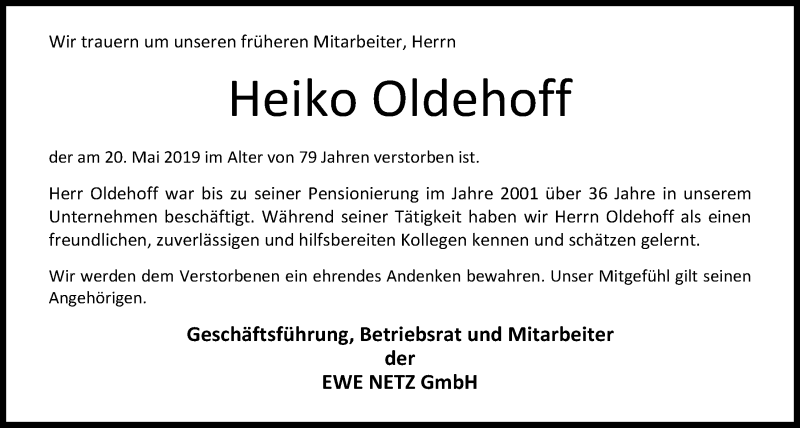  Traueranzeige für Heiko Oldehoff vom 25.05.2019 aus Nordwest-Zeitung