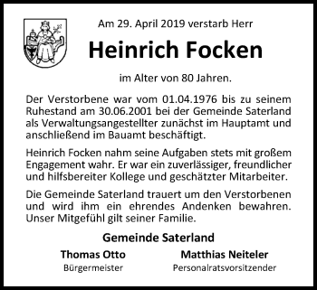 Traueranzeige von Heinrich Focken von Nordwest-Zeitung