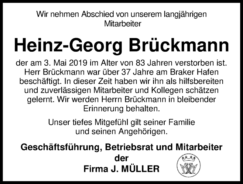 Traueranzeige für Heinz-Georg Brückmann vom 21.05.2019 aus Nordwest-Zeitung