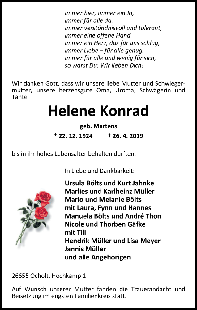  Traueranzeige für Helene Konrad vom 04.05.2019 aus Nordwest-Zeitung
