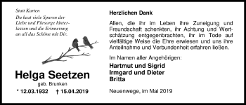 Traueranzeige von Helga Seetzen von Nordwest-Zeitung