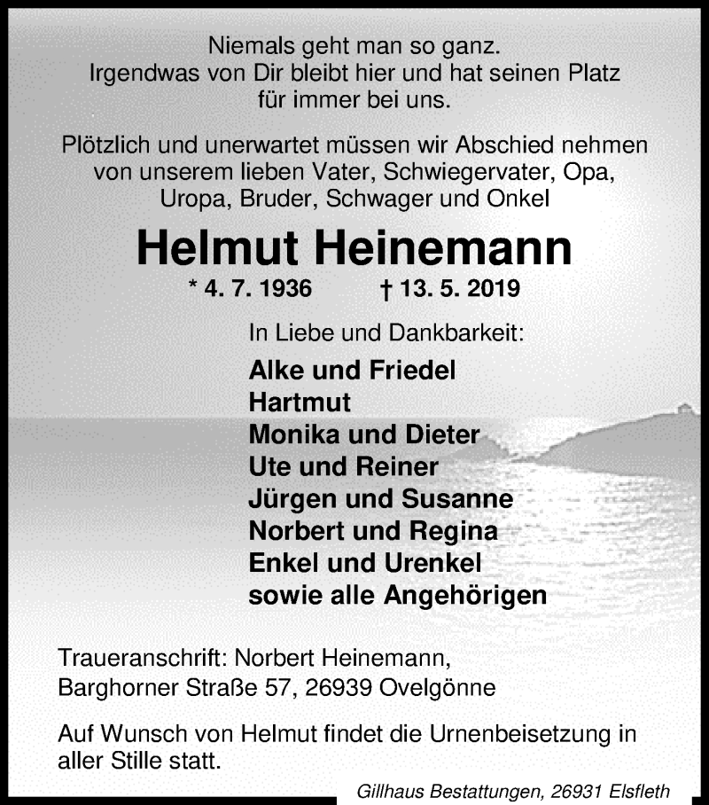  Traueranzeige für Helmut Heinemann vom 15.05.2019 aus Nordwest-Zeitung