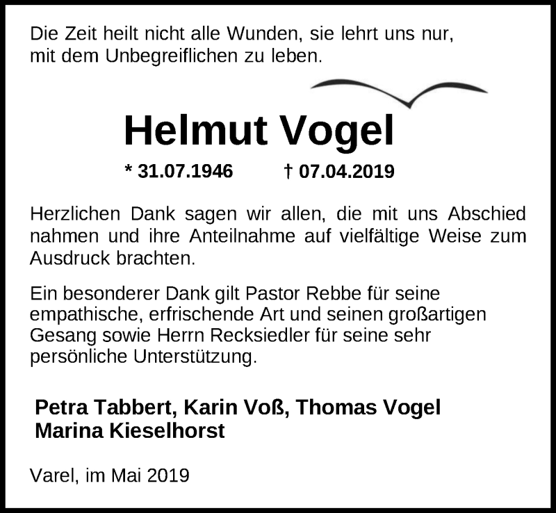  Traueranzeige für Helmut Vogel vom 14.05.2019 aus Nordwest-Zeitung