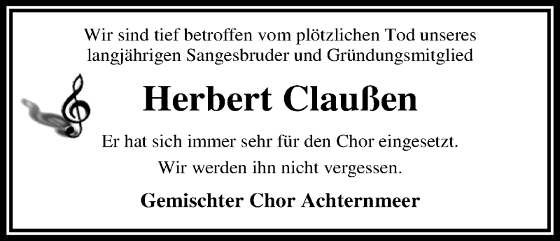  Traueranzeige für Herbert Claußen vom 13.05.2019 aus Nordwest-Zeitung