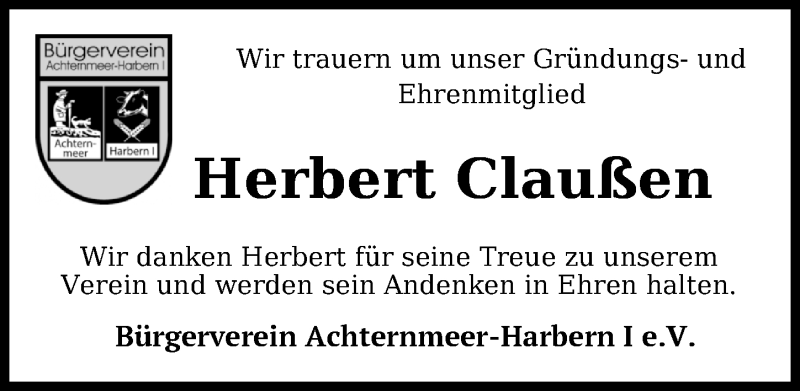  Traueranzeige für Herbert Claußen vom 11.05.2019 aus Nordwest-Zeitung