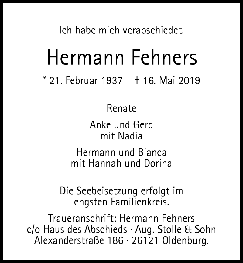  Traueranzeige für Hermann Fehners vom 25.05.2019 aus Nordwest-Zeitung