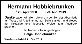 Traueranzeige von Hermann Hobbiebrunken von Nordwest-Zeitung