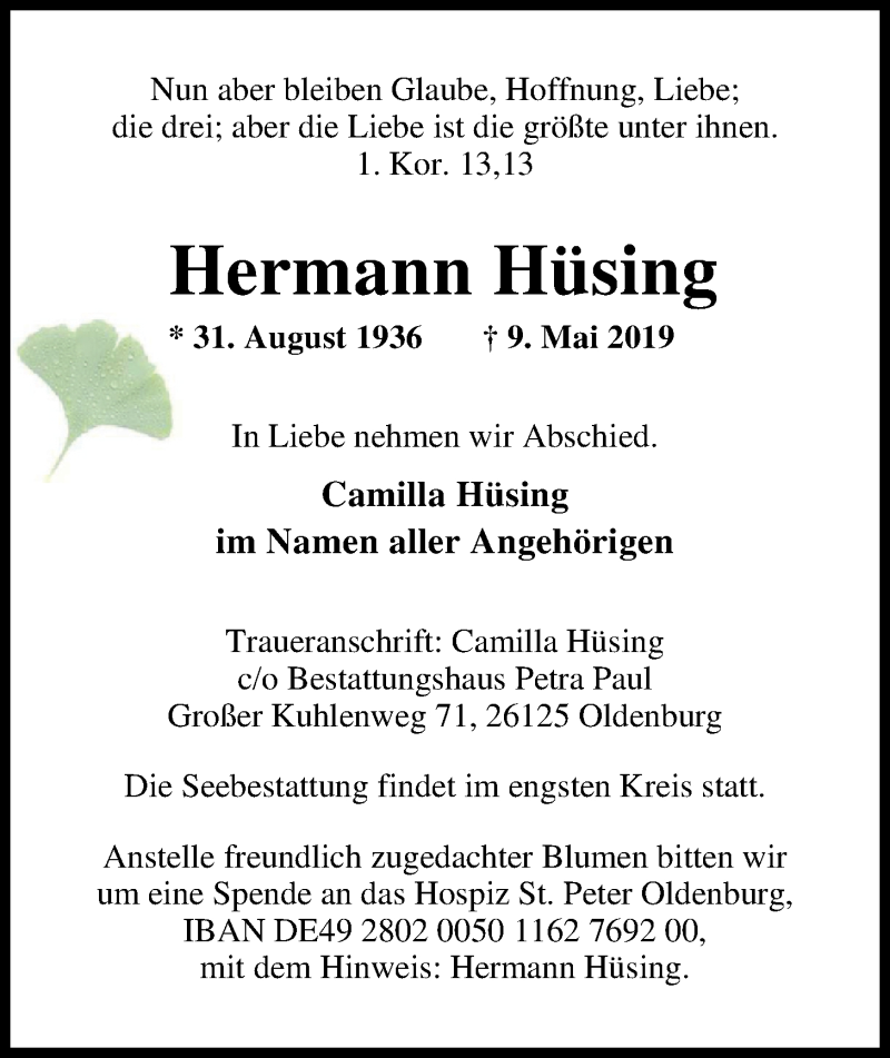  Traueranzeige für Hermann Hüsing vom 15.05.2019 aus Nordwest-Zeitung