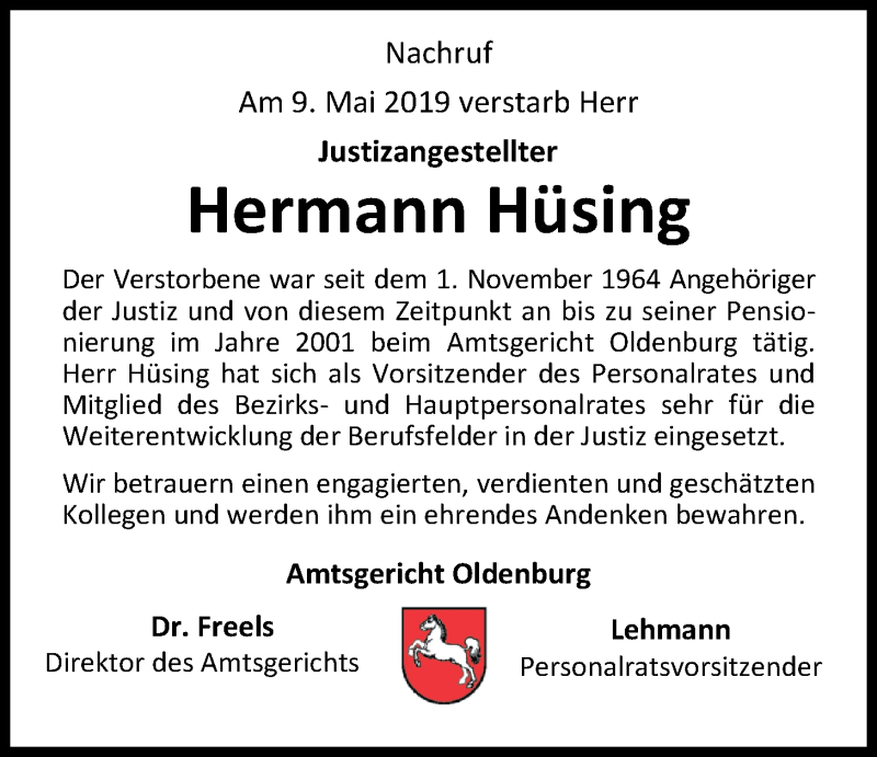  Traueranzeige für Hermann Hüsing vom 22.05.2019 aus Nordwest-Zeitung