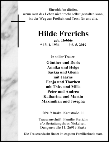 Traueranzeige von Hilde Frerichs von Nordwest-Zeitung