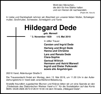 Traueranzeige von Hildegard Dede von Nordwest-Zeitung