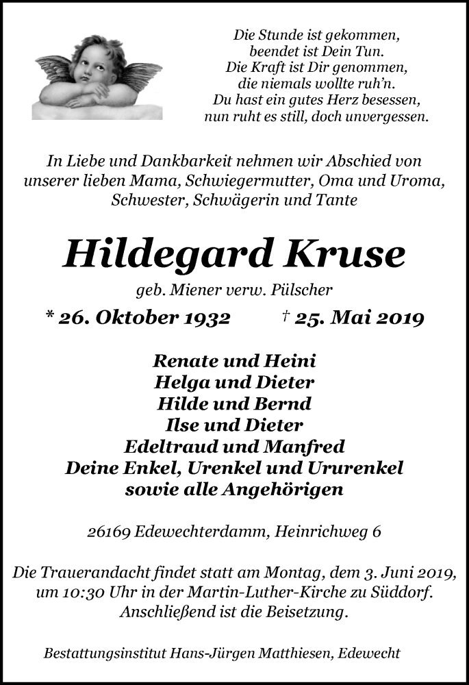  Traueranzeige für Hildegard Kruse vom 28.05.2019 aus Nordwest-Zeitung