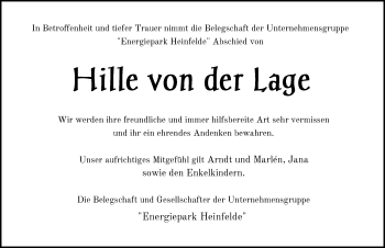 Traueranzeige von Hille von der Lage von Nordwest-Zeitung