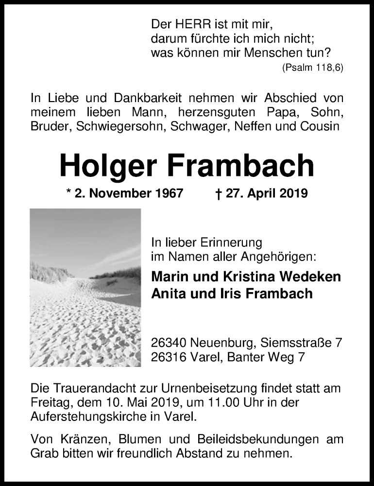  Traueranzeige für Holger Frambach vom 04.05.2019 aus Nordwest-Zeitung