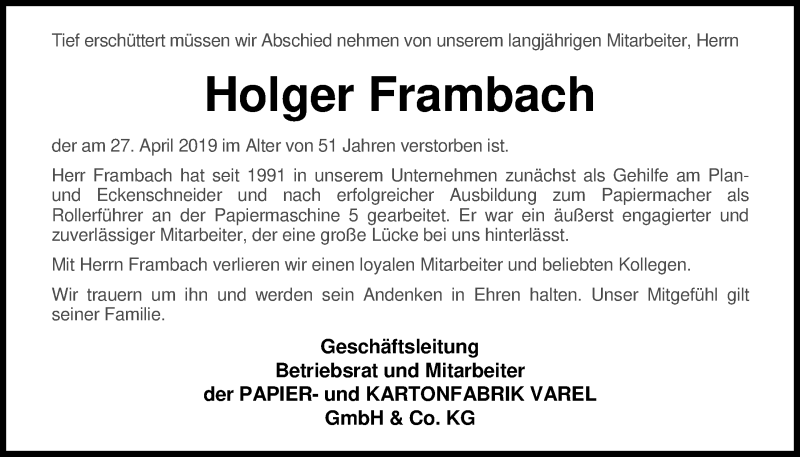  Traueranzeige für Holger Frambach vom 04.05.2019 aus Nordwest-Zeitung