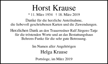 Traueranzeige von Horst Krause von Nordwest-Zeitung
