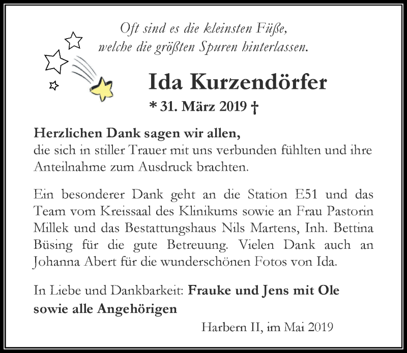  Traueranzeige für Ida Kurzendörfer vom 18.05.2019 aus Nordwest-Zeitung
