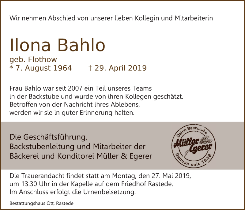  Traueranzeige für Ilona Bahlo vom 22.05.2019 aus Nordwest-Zeitung