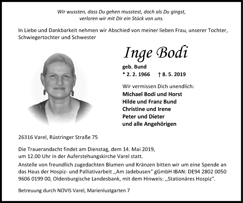  Traueranzeige für Inge Bodi vom 11.05.2019 aus Nordwest-Zeitung