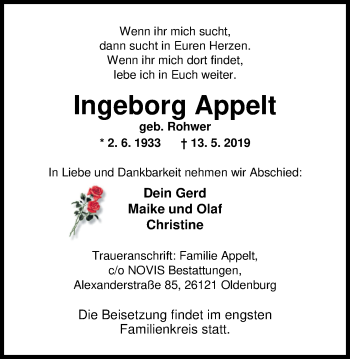Traueranzeige von Ingeborg Appelt von Nordwest-Zeitung