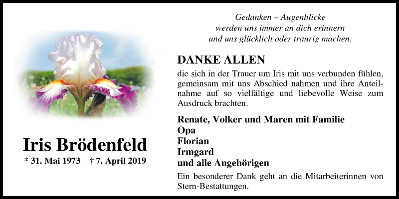  Traueranzeige für Iris Brödenfeld vom 04.05.2019 aus Nordwest-Zeitung