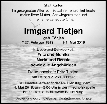 Traueranzeige von Irmgard Tietjen von Nordwest-Zeitung