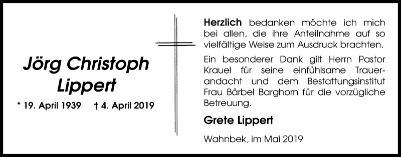  Traueranzeige für Jörg Christoph Lippert vom 24.05.2019 aus Nordwest-Zeitung