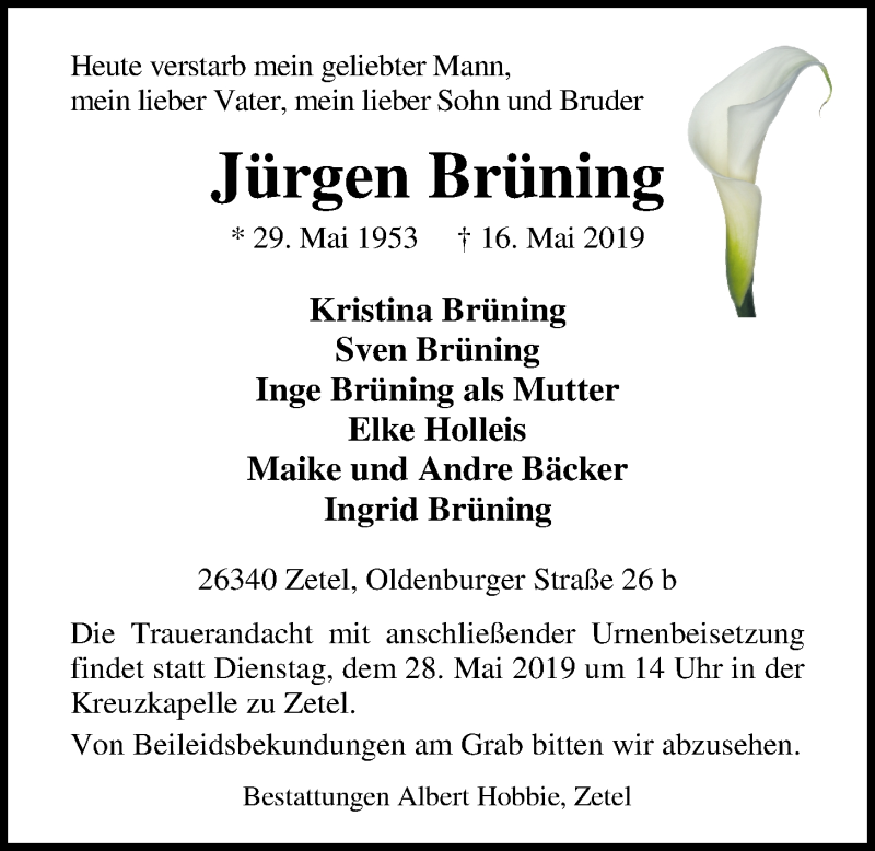  Traueranzeige für Jürgen Brüning vom 23.05.2019 aus Nordwest-Zeitung