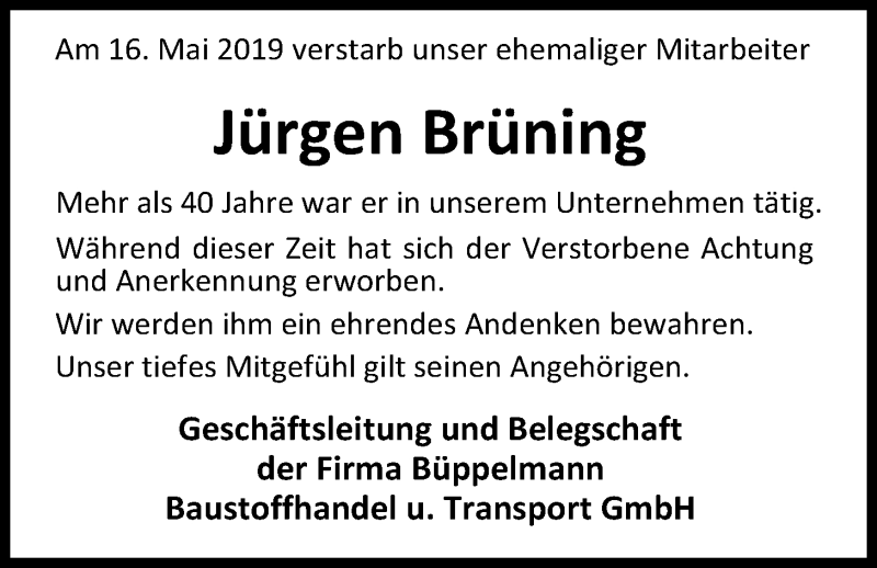  Traueranzeige für Jürgen Brüning vom 24.05.2019 aus Nordwest-Zeitung