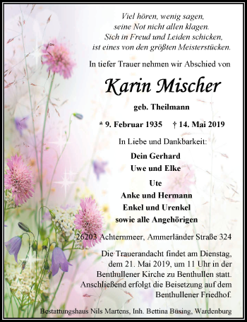 Traueranzeige von Karin Mischer von Nordwest-Zeitung