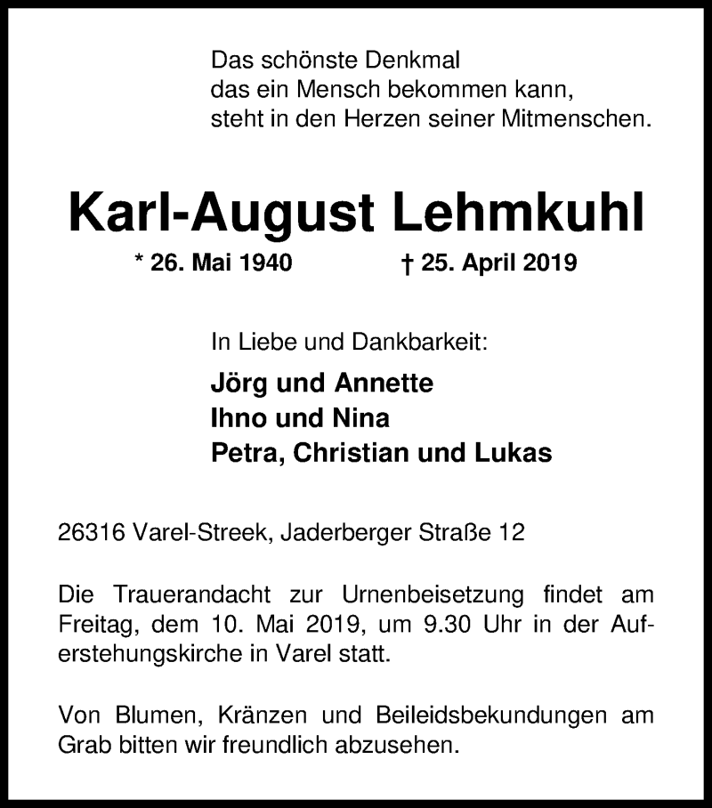  Traueranzeige für Karl-August Lehmkuhl vom 04.05.2019 aus Nordwest-Zeitung