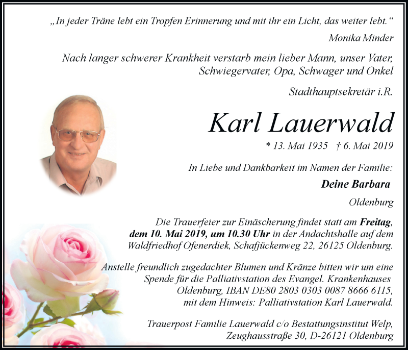  Traueranzeige für Karl Lauerwald vom 09.05.2019 aus Nordwest-Zeitung