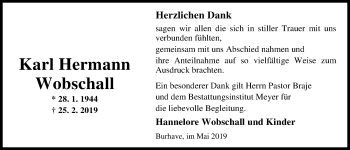 Traueranzeige von Karl Hermann Wobschall von Nordwest-Zeitung