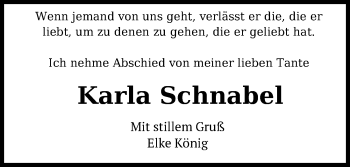 Traueranzeige von Karla Schnabel von Nordwest-Zeitung