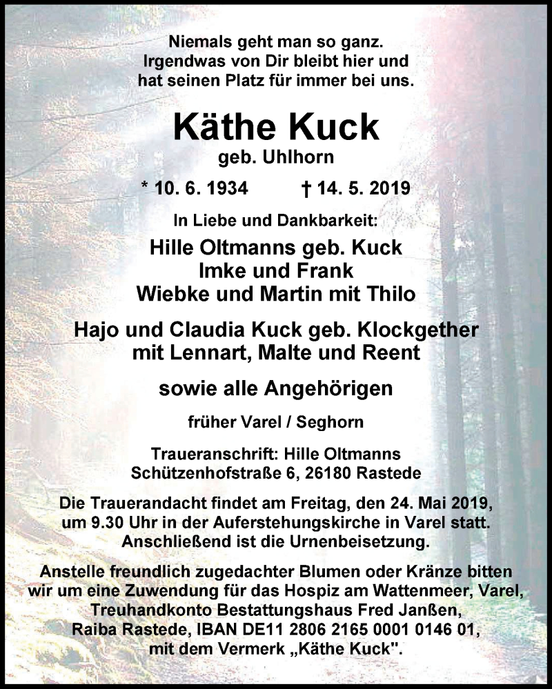  Traueranzeige für Käthe Kuck vom 18.05.2019 aus Nordwest-Zeitung