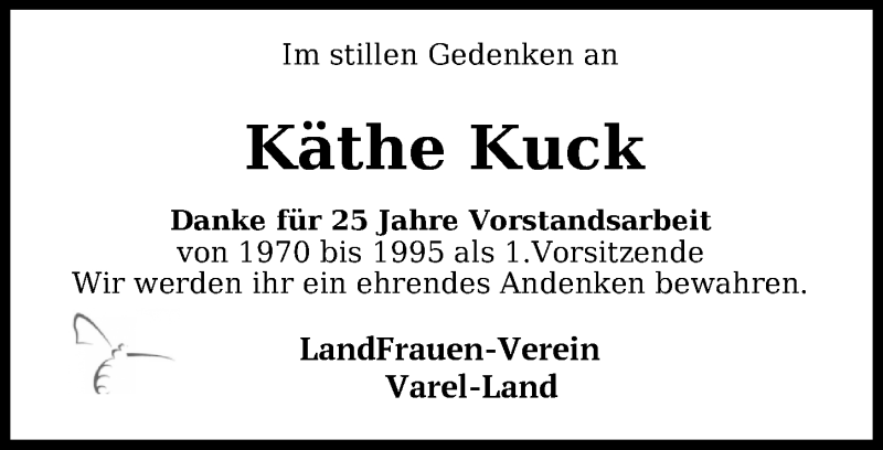  Traueranzeige für Käthe Kuck vom 27.05.2019 aus Nordwest-Zeitung