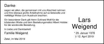 Traueranzeige von Lars Weigend von Nordwest-Zeitung
