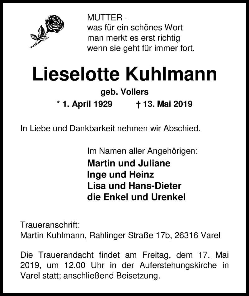  Traueranzeige für Lieselotte Kuhlmann vom 15.05.2019 aus Nordwest-Zeitung