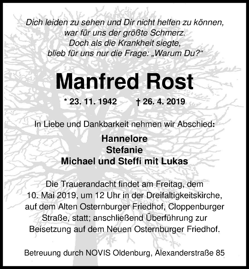  Traueranzeige für Manfred Rost vom 04.05.2019 aus Nordwest-Zeitung