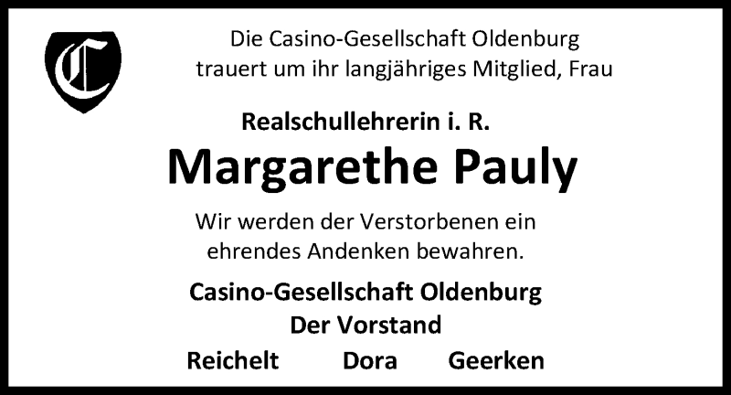  Traueranzeige für Margarethe Pauly vom 16.05.2019 aus Nordwest-Zeitung