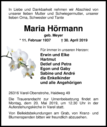 Traueranzeige von Maria Hörmann von Nordwest-Zeitung
